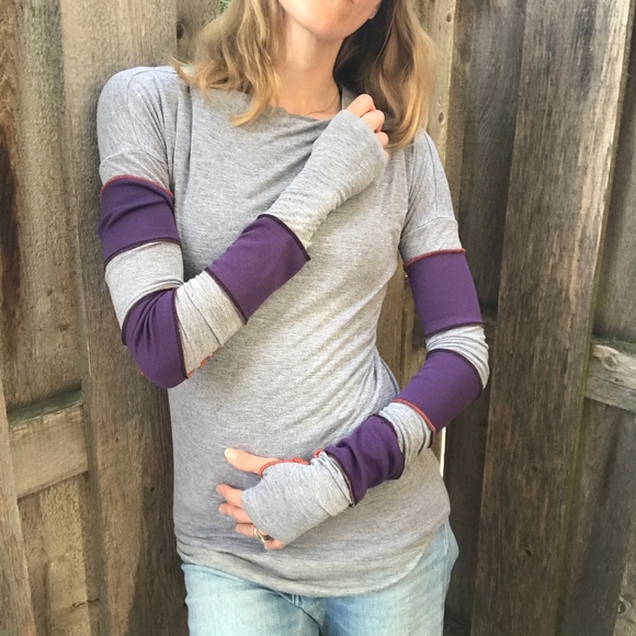 Upcycled Womens Purple Patchwork Shirt Size Medium Long Sleeve Gray Thumb Holes - Picture 5 of 12